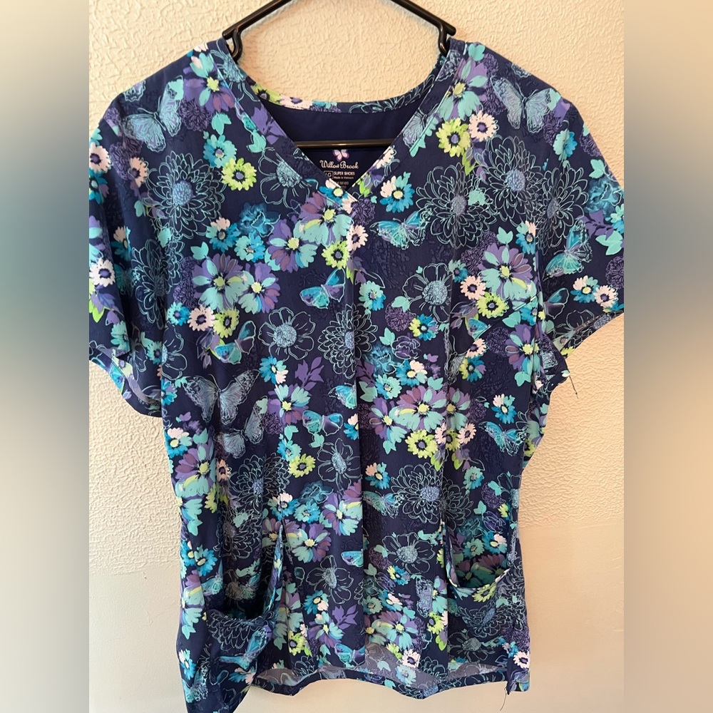 Blue Floral Scrub Top